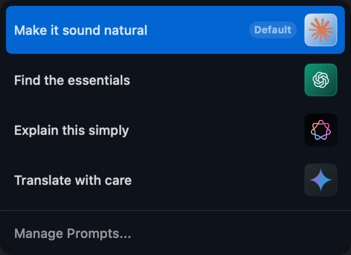 Viscacha’s native dropdown beside selected text, with Make it sound natural, Find the essentials, Explain this simply, and Translate with care, using Anthropic, Codex, Apple, and Gemini.