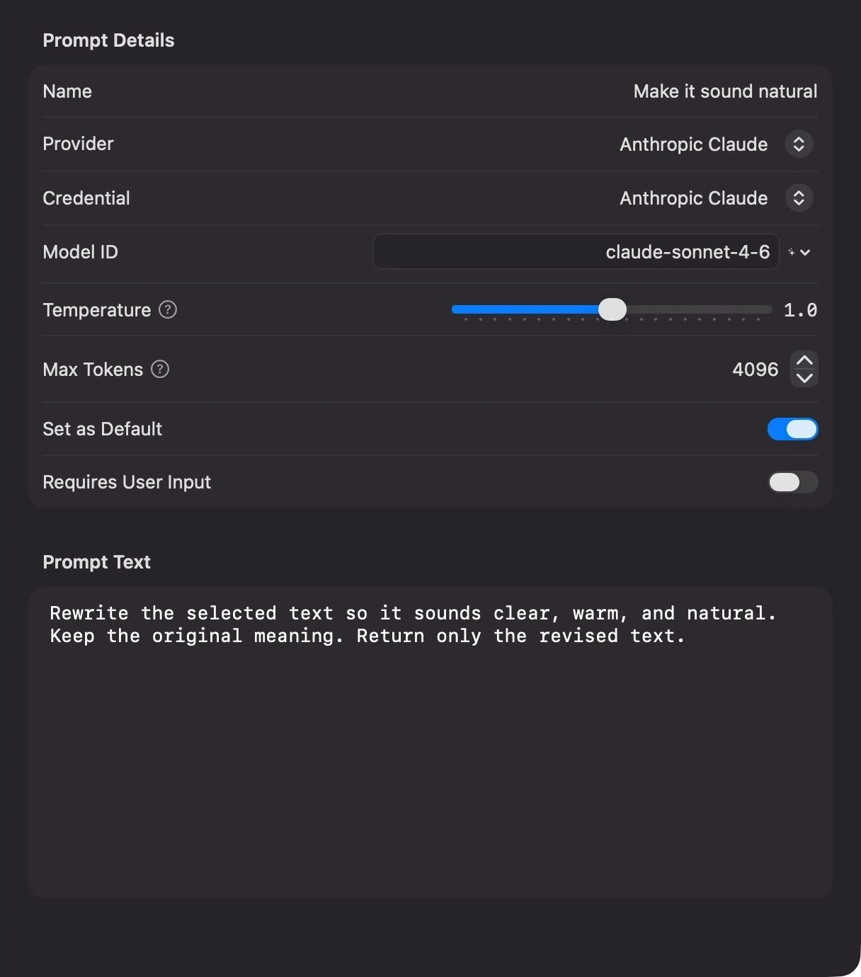 Viscacha’s native editor for Make it sound natural, with Anthropic Claude and claude-sonnet-4-6 selected.