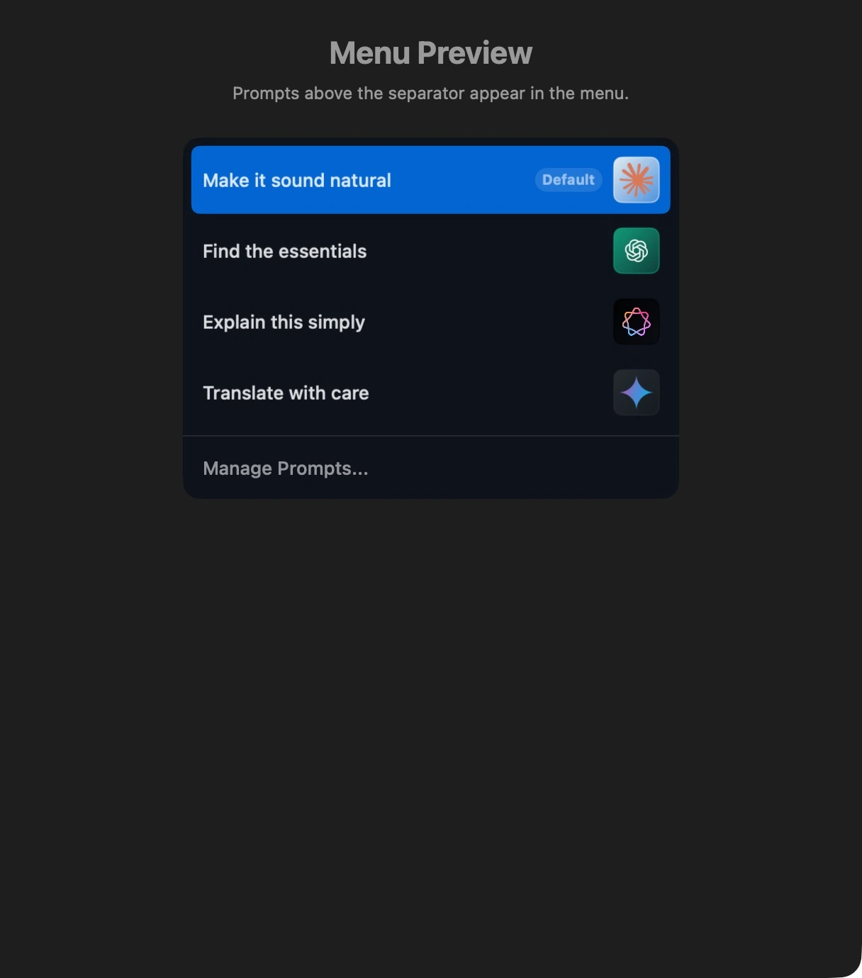 Native Menu Preview showing the first four prompts.