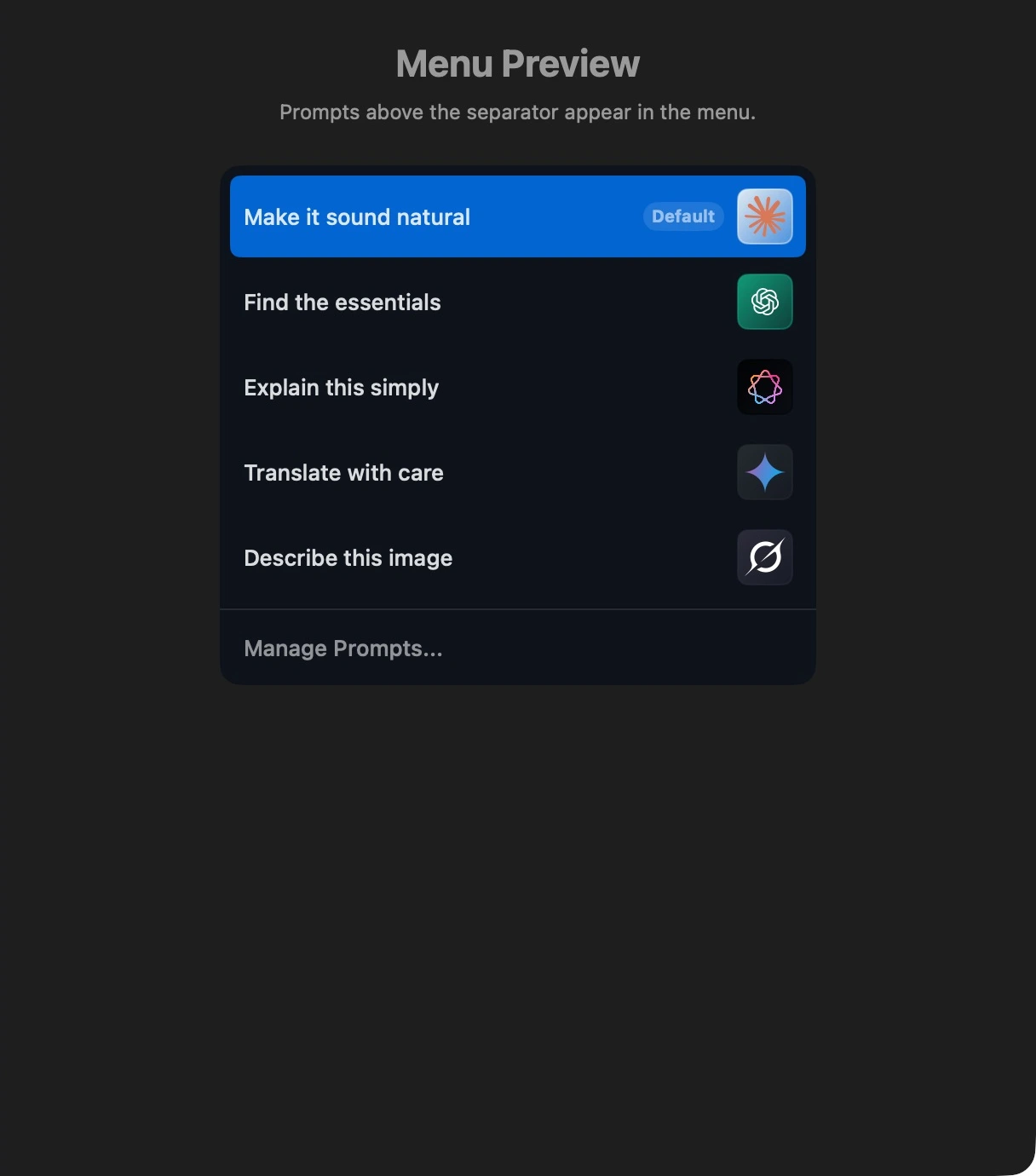 Native Menu Preview showing the first five prompts.