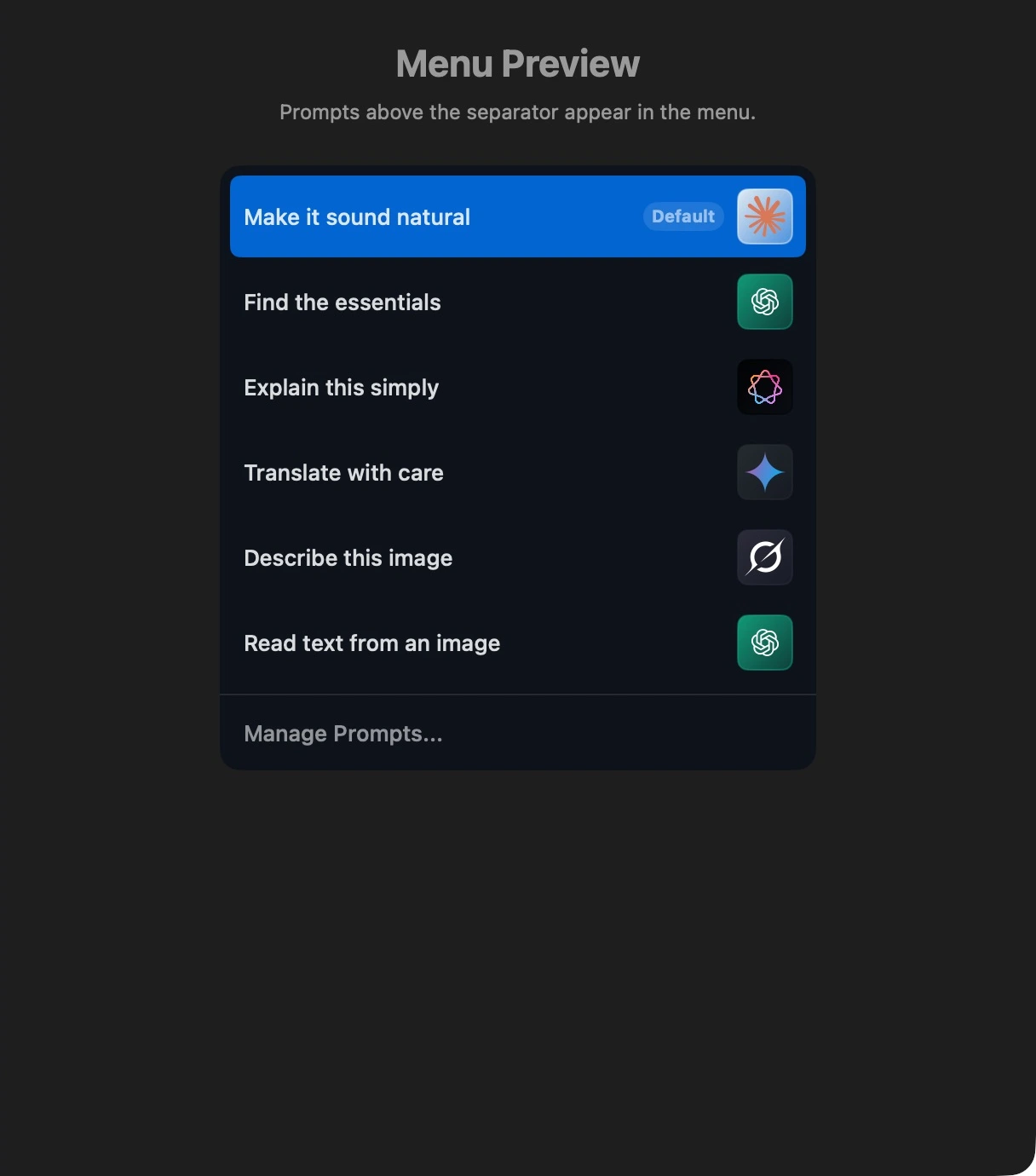Native Menu Preview showing the first six prompts.